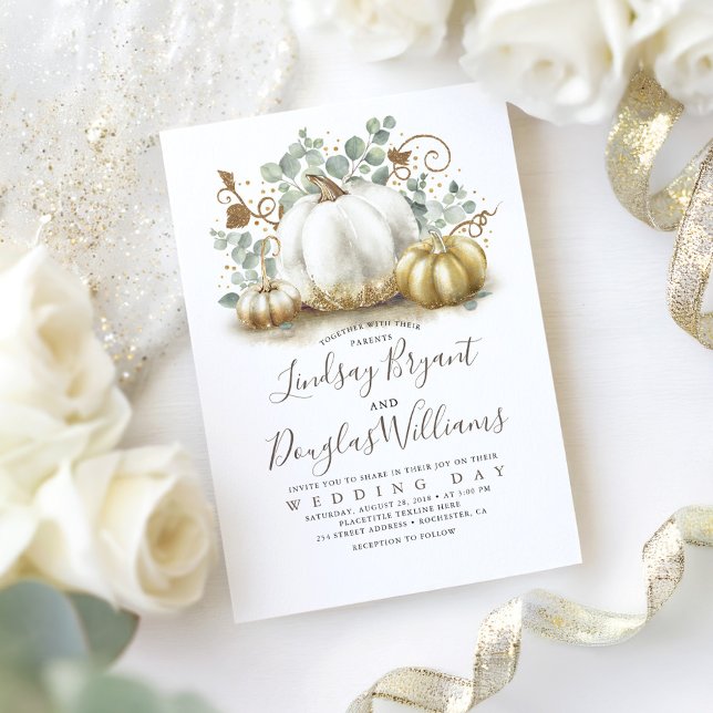 Gold and White Pumpkins Rustic Modern Fall Wedding Invitation (White Pumpkins Fall Wedding Invitation)