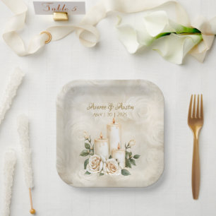 Gold and White Roses Candlelight Paper Plate