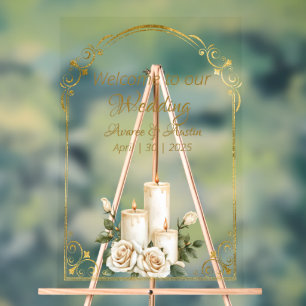 Gold and White Roses Candlelight Welcome Acrylic Sign