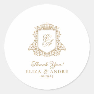 Gold and White Royal Monogram Crest Wedding Classic Round Sticker