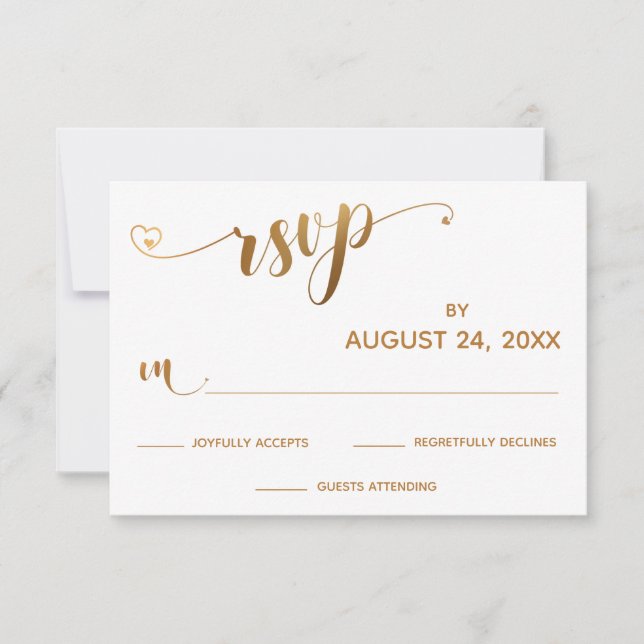 Gold and White RSVP Typography w/ Hearts Card (Front)