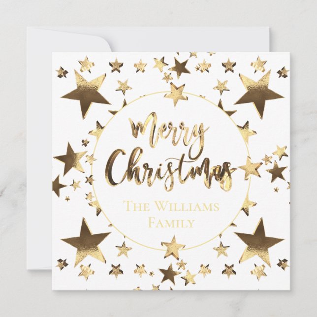 Gold and White Script Stars Modern Merry Christmas (Front)