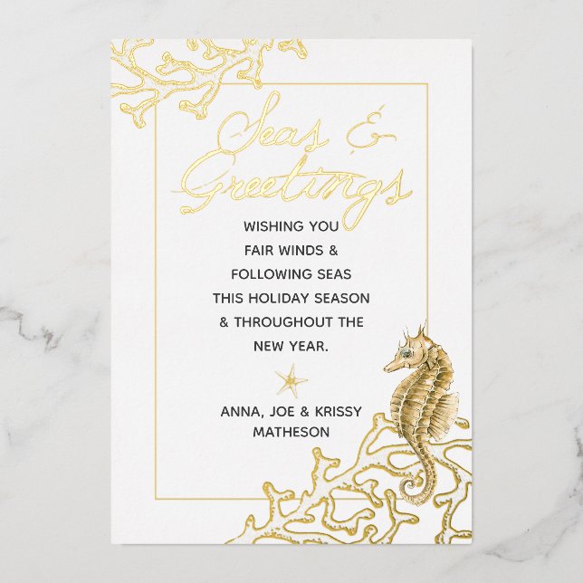 Gold and White Seas & Greetings Nautical Christmas Foil Holiday Card (Front)