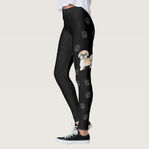 Gold And White Shih Tzu Cartoon Dog & Paws Leggings