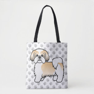 Gold And White Shih Tzu Cartoon Dog & Paws Tote Bag