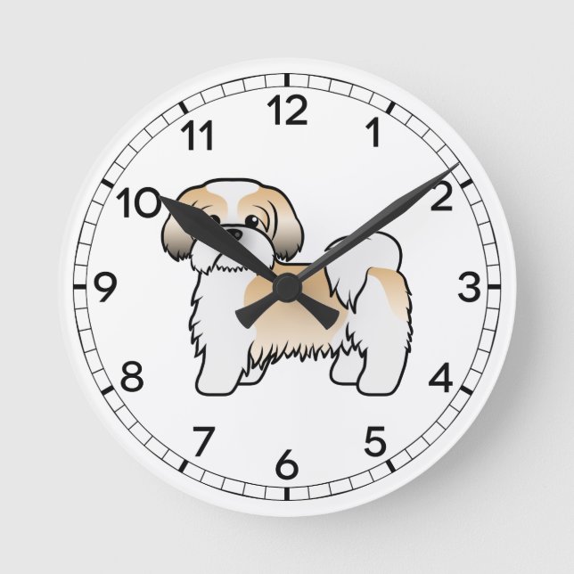 Gold And White Shih Tzu Cute Cartoon Dog Round Clock (Front)
