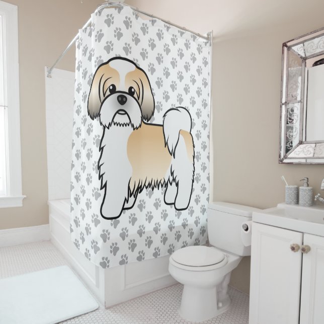 Gold And White Shih Tzu Cute Cartoon Dog Shower Curtain (In Situ)
