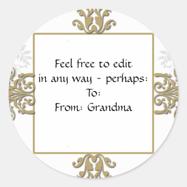 Gold and White Silver Damask Photo Logo Classic Round Sticker (Front)