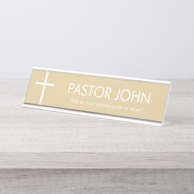 Gold and White Simple Cross Desk Name Plate (Front)