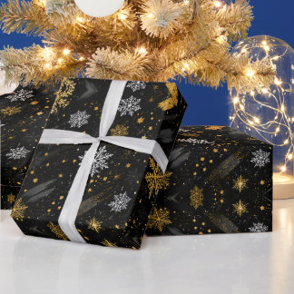 Gold and White Snowflake Black Grunge Pattern Wrapping Paper