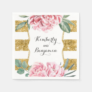 Gold and White Stripes Pink Vintage Floral Wedding Napkin