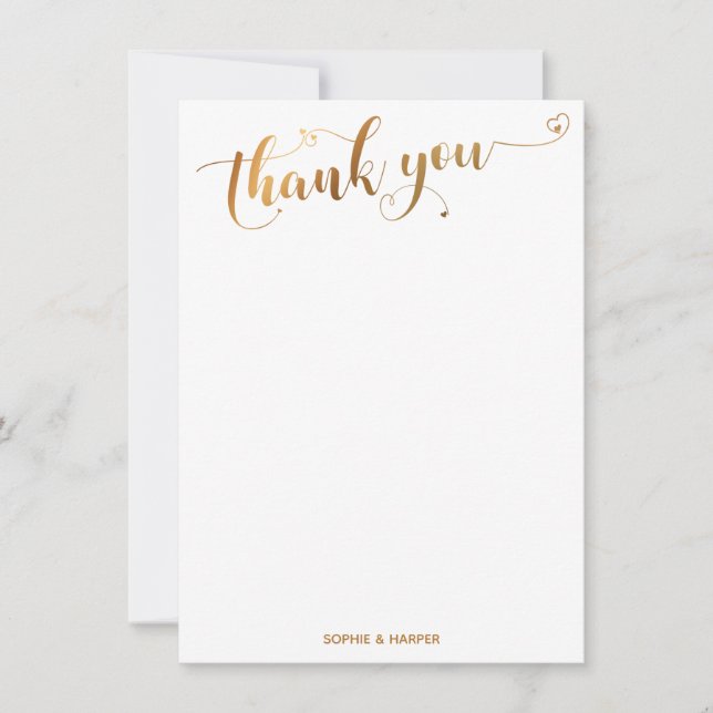 Gold and White Thank You Calligraphy w/ Hearts Card (Front)
