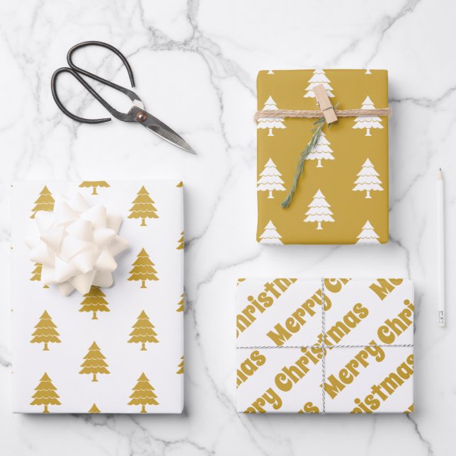 Gold and white trees Merry Christmas holiday Wrapping Paper Sheet (Front)