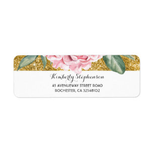 Gold and White Vintage Floral Pink Wedding Return Address Label