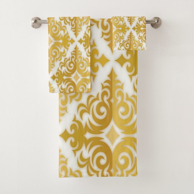 Gold and white wallpaper damask bath towel set (Insitu)