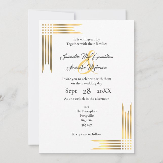 Gold and white wedding invitation (Front)