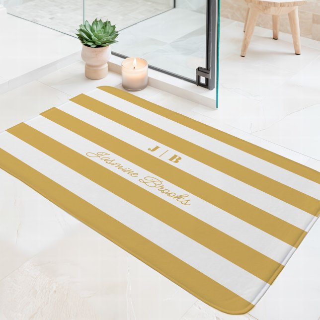 Gold and White Wide Stripes Monogram Name Bath Mat (Creator Uploaded)