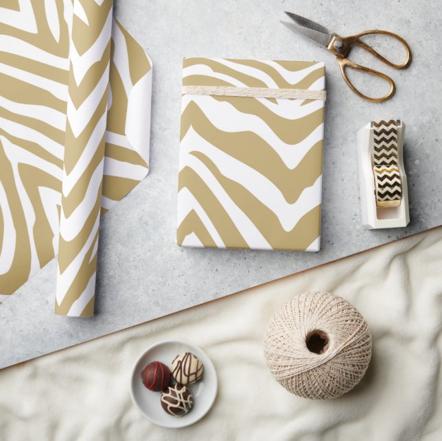 Gold and White Zebra Stripes Animal Print Wrapping Paper (Crafts)