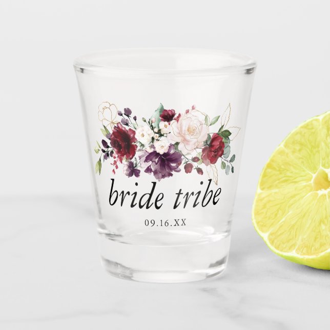 Gold and Wine Floral Bouquet Bridal Party Shot Glass (Front)