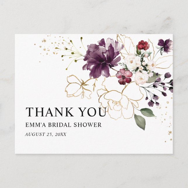 Gold and Wine Floral Thank You Bridal Shower Postcard (Front)