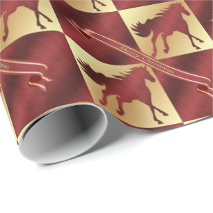 Gold and Wine Horse Merry Christmas Wrapping Paper