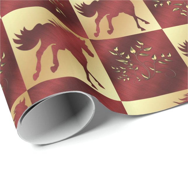 Gold and Wine Horse with Gold Leaves Wrapping Paper (Roll Corner)