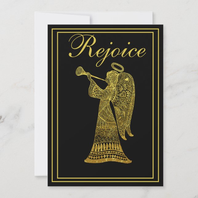 Gold Angel on Black  Rejoice Christmas Holiday Card (Front)