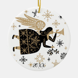 Gold Angel Stars Christmas Carol Folkart  Ceramic Ornament