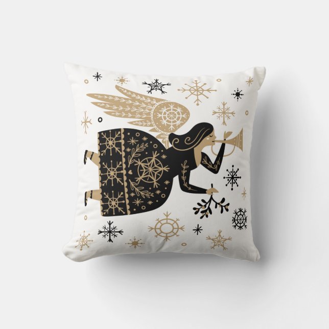Gold Angel Stars Christmas Carol Folkart  Cushion (Front)