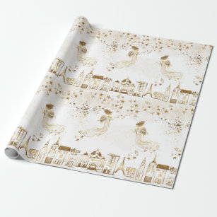 Gold Angel Village Star Dust Gift Wrapping Paper