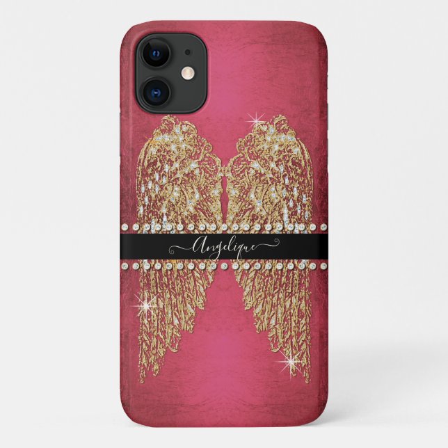 Gold Angel Wings Hot Pink Foil Look Diamond Jewels Case-Mate iPhone Case (Back)