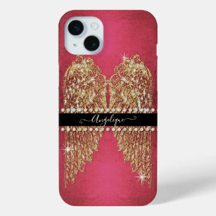 Gold Angel Wings Hot Pink Foil Look Diamond Jewels iPhone 15 Mini Case