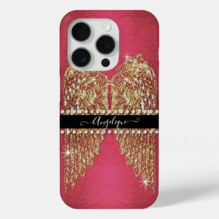 Gold Angel Wings Hot Pink Foil Look Diamond Jewels iPhone 15 Pro Case