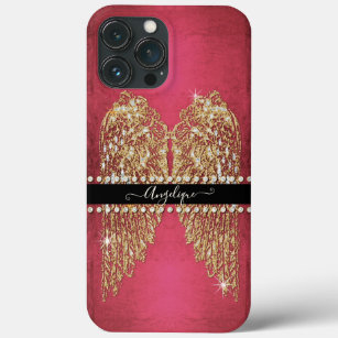 Gold Angel Wings Hot Pink Foil Look Diamond Jewels iPhone 13 Pro Max Case
