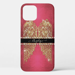 Gold Angel Wings Hot Pink Foil Look Diamond Jewels iPhone 12 Pro Case