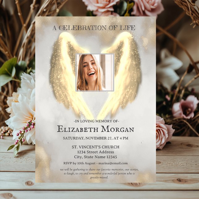 Gold Angel Wings Photo Gold Celebration Of Life Invitation (Creator Uploaded)