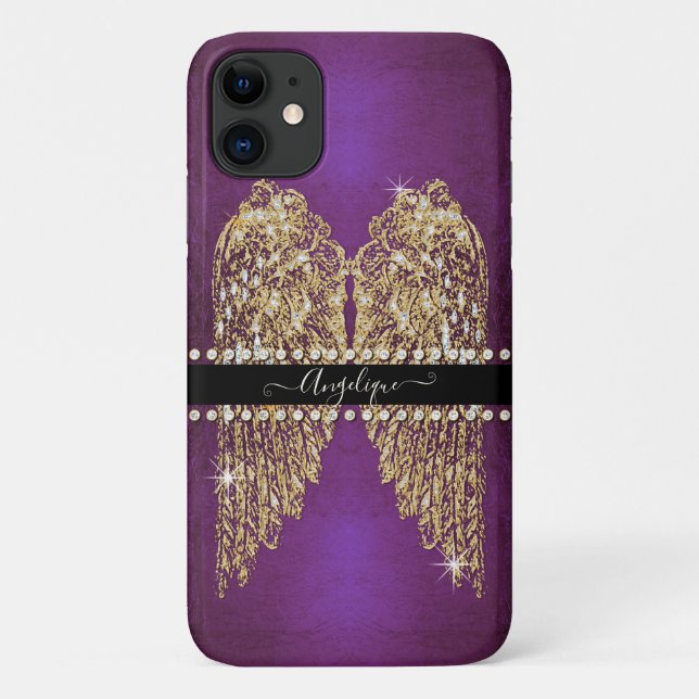Gold Angel Wings Purple Foil Look Diamond Jewels Case-Mate iPhone Case (Back)