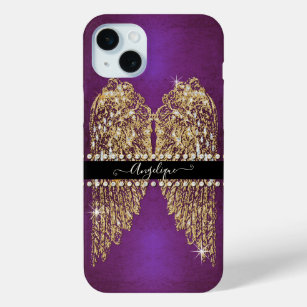 Gold Angel Wings Purple Foil Look Diamond Jewels iPhone 15 Mini Case