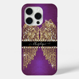 Gold Angel Wings Purple Foil Look Diamond Jewels iPhone 15 Pro Case