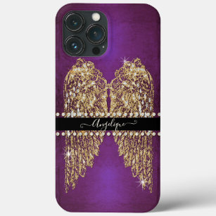 Gold Angel Wings Purple Foil Look Diamond Jewels iPhone 13 Pro Max Case