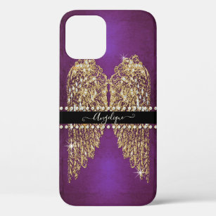 Gold Angel Wings Purple Foil Look Diamond Jewels iPhone 12 Case