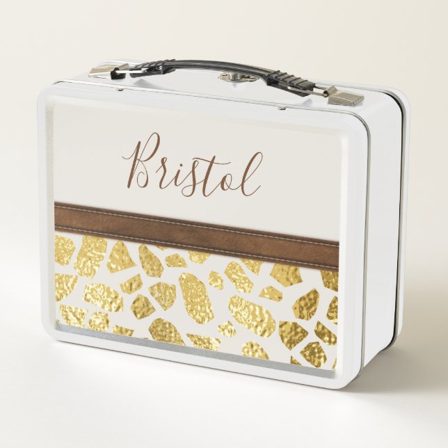 Gold Animal Print Faux Leather Trim Personalised Metal Lunch Box (Back)