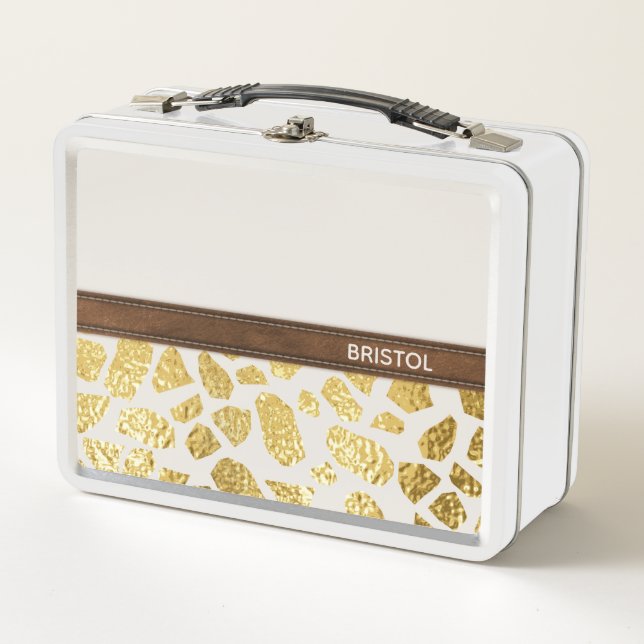 Gold Animal Print Faux Leather Trim Personalised Metal Lunch Box (Front)