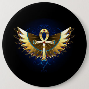 Gold Ankh with Wings 6 Cm Round Badge