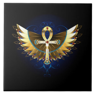 Gold Ankh with Wings Ceramic Tile