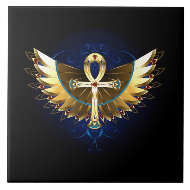 Gold Ankh with Wings Ceramic Tile (Front)