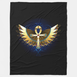 Gold Ankh with Wings Fleece Blanket