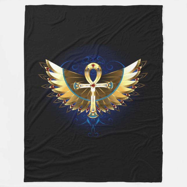 Gold Ankh with Wings Fleece Blanket (Front)