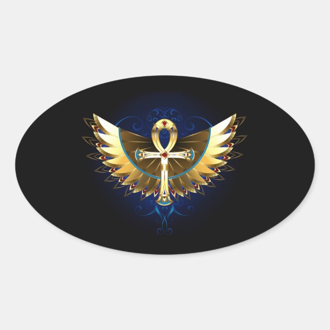 Gold Ankh with Wings Oval Sticker (Front)