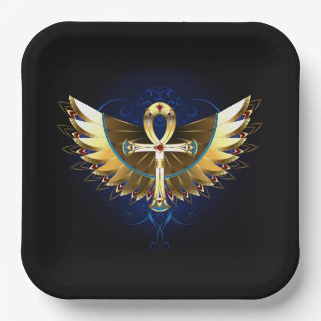 Gold Ankh with Wings Paper Plate (Front)